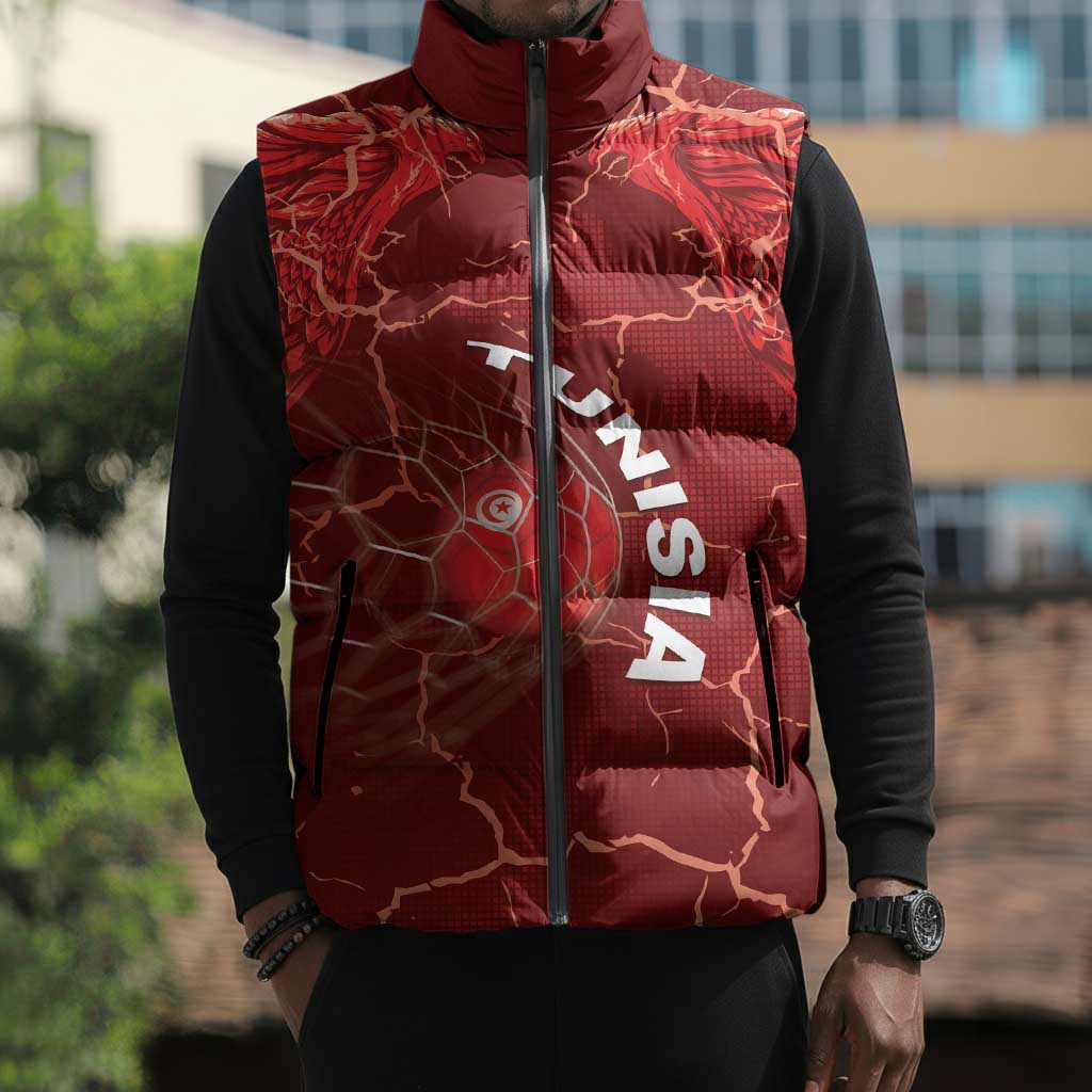 Custom Tunisia Football Sleeveless Puffer Jacket Eagle Cracked Texture Athletic