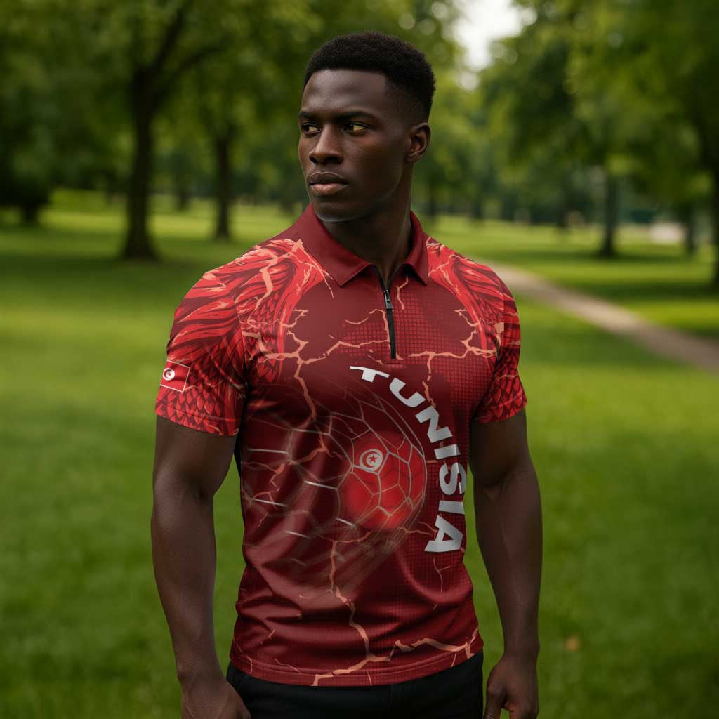 Custom Tunisia Football Zipper Polo Shirt Eagle Cracked Texture Athletic