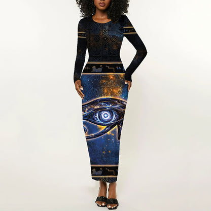 Egypt Eye Of Ra Long Sleeve Bodycon Dress Galaxy Zodiac Universe