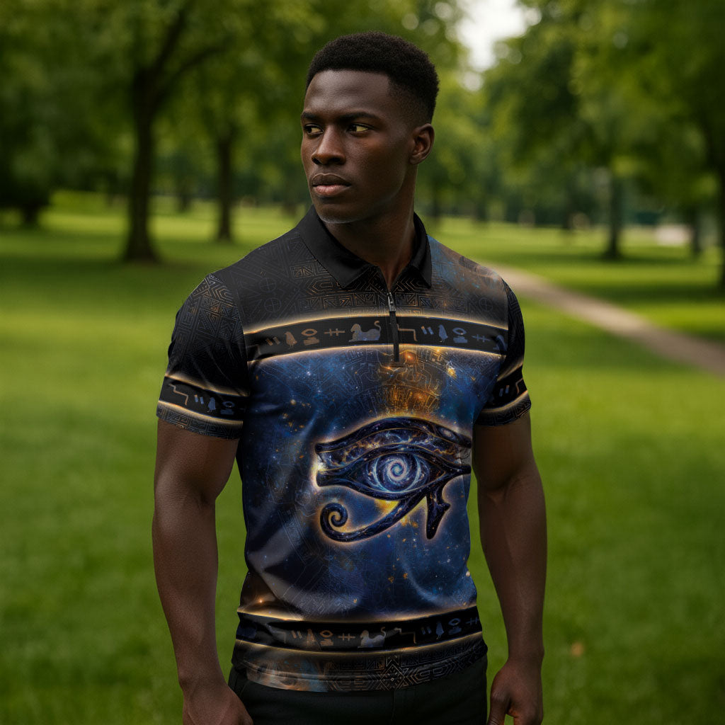 Egypt Eye Of Ra Zipper Polo Shirt Galaxy Zodiac Universe