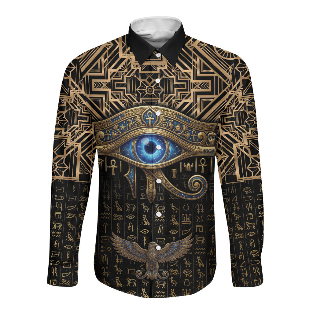 Egypt Eye of Horus Long Sleeve Button Shirt Hieroglyphics Patterns Retro Style