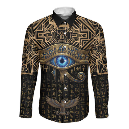Egypt Eye of Horus Long Sleeve Button Shirt Hieroglyphics Patterns Retro Style