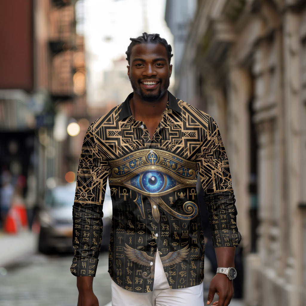 Egypt Eye of Horus Long Sleeve Button Shirt Hieroglyphics Patterns Retro Style