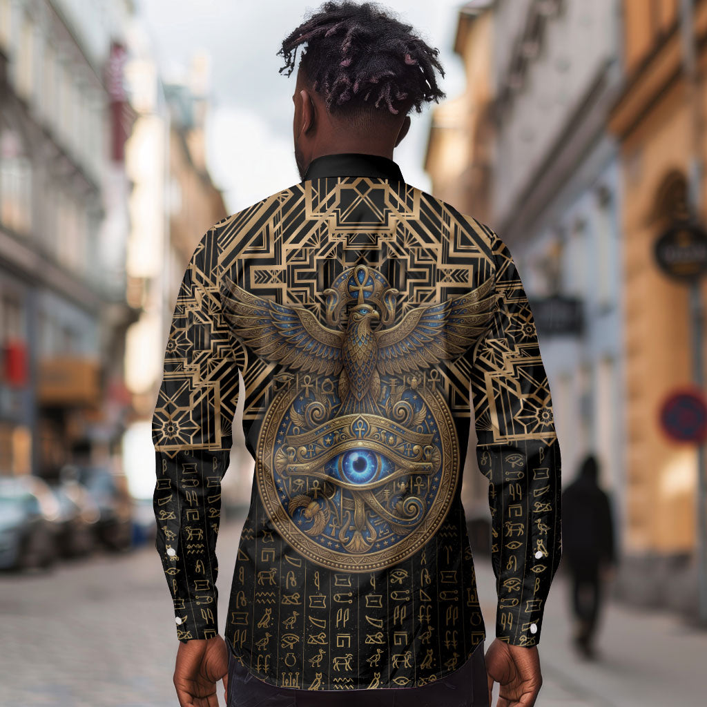 Egypt Eye of Horus Long Sleeve Button Shirt Hieroglyphics Patterns Retro Style
