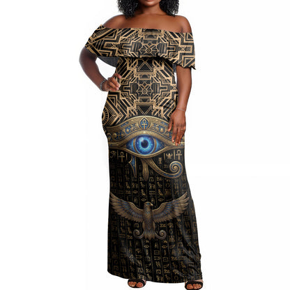 Egypt Eye of Horus Off Shoulder Maxi Dress Hieroglyphics Patterns Retro Style
