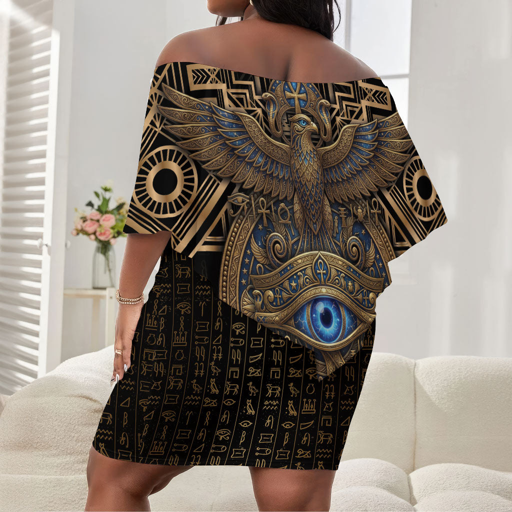 Egypt Eye of Horus Off Shoulder Short Dress Hieroglyphics Patterns Retro Style