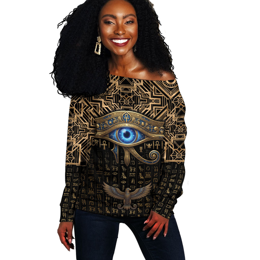 Egypt Eye of Horus Off Shoulder Sweater Hieroglyphics Patterns Retro Style