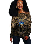 Egypt Eye of Horus Off Shoulder Sweater Hieroglyphics Patterns Retro Style
