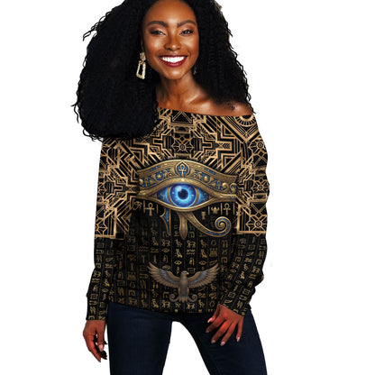 Egypt Eye of Horus Off Shoulder Sweater Hieroglyphics Patterns Retro Style