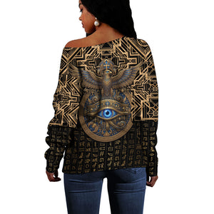 Egypt Eye of Horus Off Shoulder Sweater Hieroglyphics Patterns Retro Style