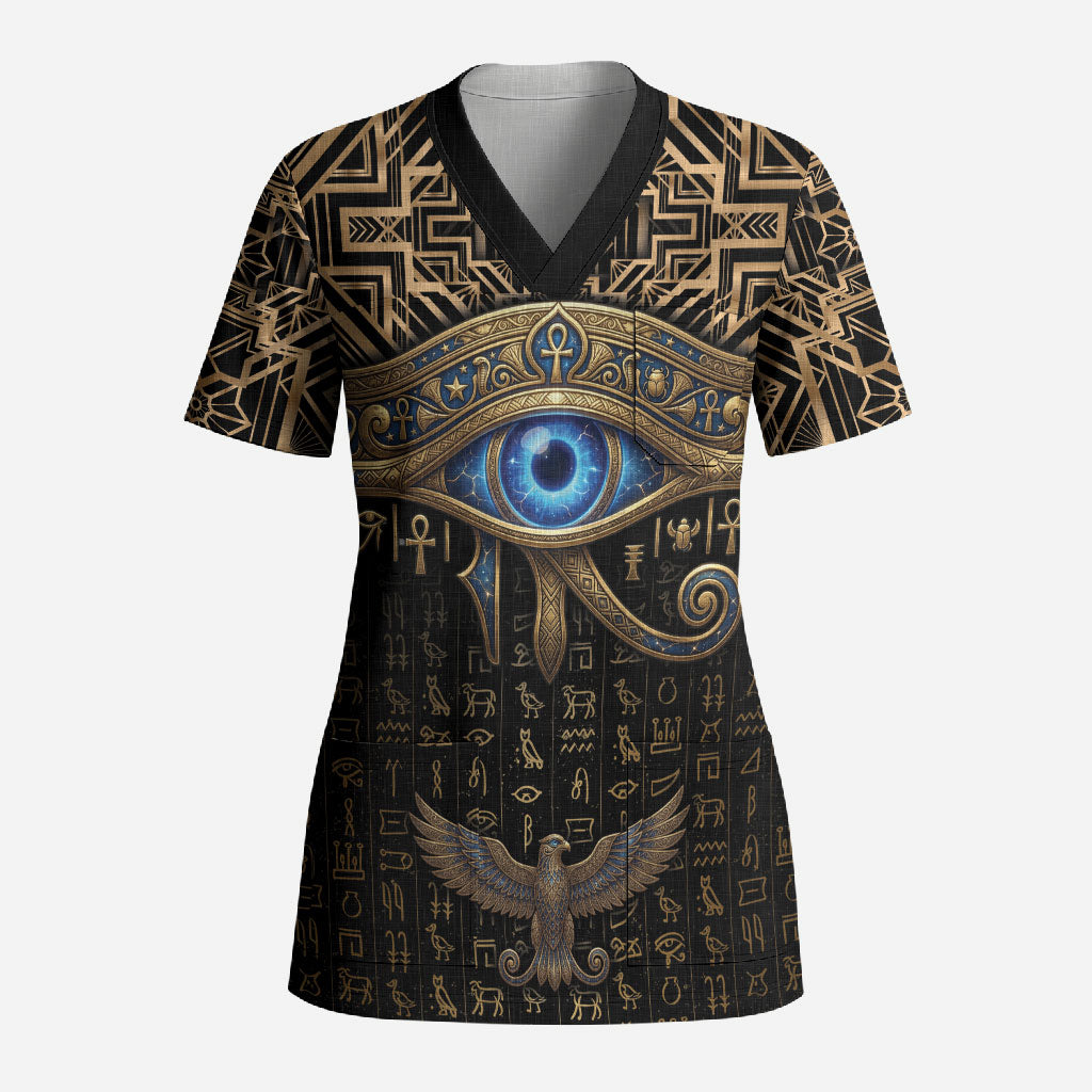 Egypt Eye of Horus Scrub Top Hieroglyphics Patterns Retro Style