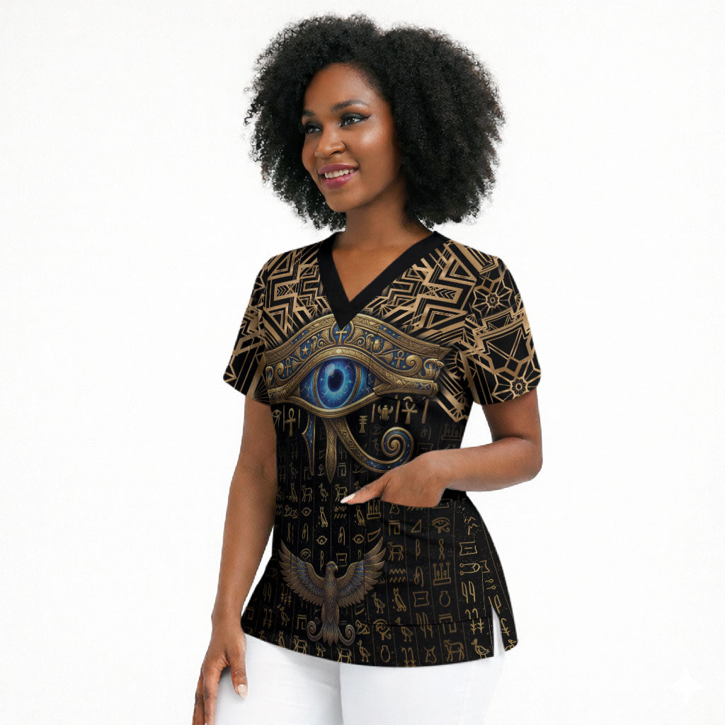 Egypt Eye of Horus Scrub Top Hieroglyphics Patterns Retro Style