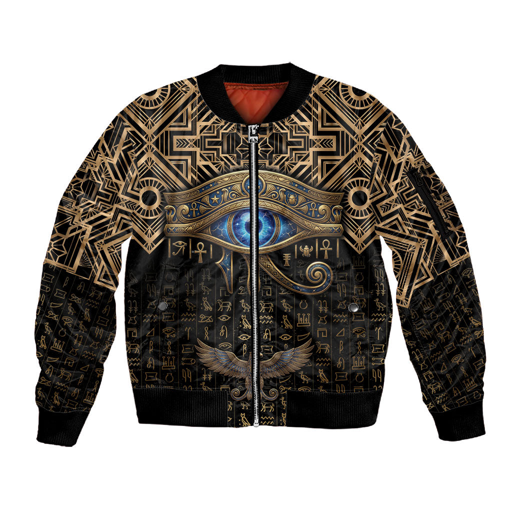 Egypt Eye of Horus Sleeve Zip Bomber Jacket Hieroglyphics Patterns Retro Style