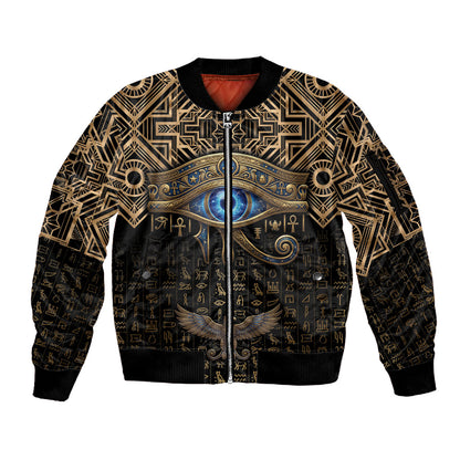 Egypt Eye of Horus Sleeve Zip Bomber Jacket Hieroglyphics Patterns Retro Style