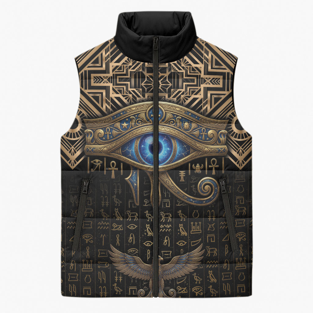 Egypt Eye of Horus Sleeveless Puffer Jacket Hieroglyphics Patterns Retro Style