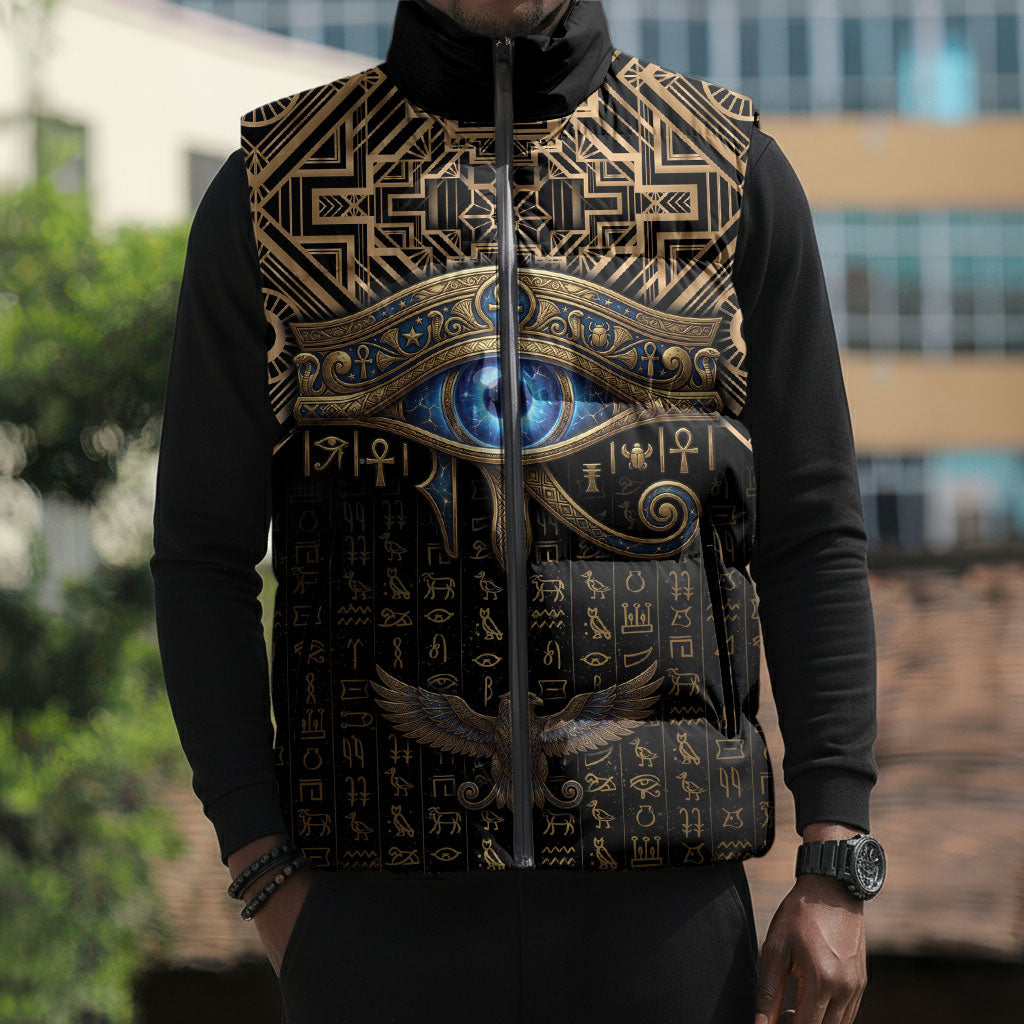 Egypt Eye of Horus Sleeveless Puffer Jacket Hieroglyphics Patterns Retro Style
