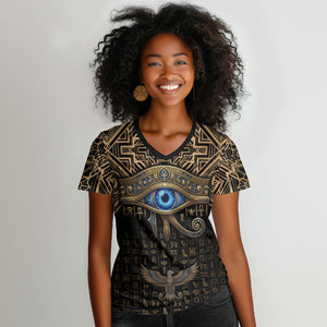 Egypt Eye of Horus Women V-Neck T-Shirt Hieroglyphics Patterns Retro Style