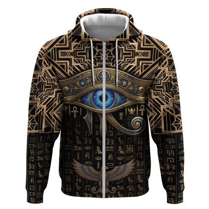 Egypt Eye of Horus Zip Hoodie Hieroglyphics Patterns Retro Style