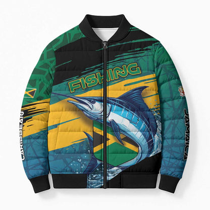 Personalized Afro-Jamaicans Fishing Bomber Puffer Jacket Blue Marlin Fish