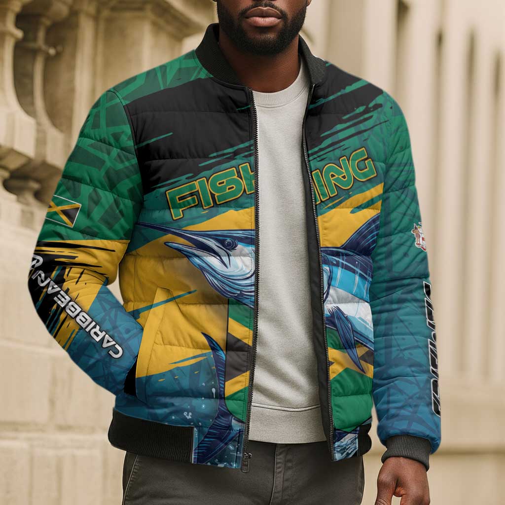 Personalized Afro-Jamaicans Fishing Bomber Puffer Jacket Blue Marlin Fish
