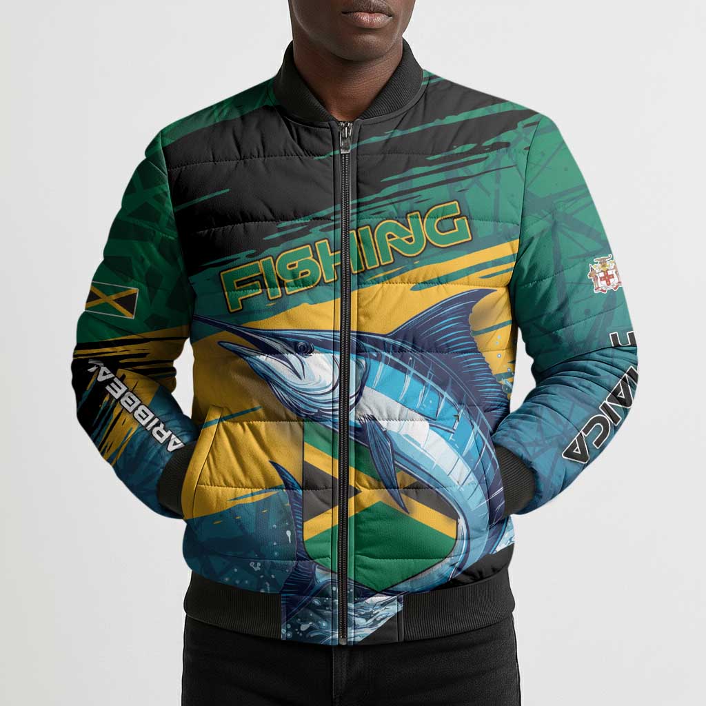 Personalized Afro-Jamaicans Fishing Bomber Puffer Jacket Blue Marlin Fish