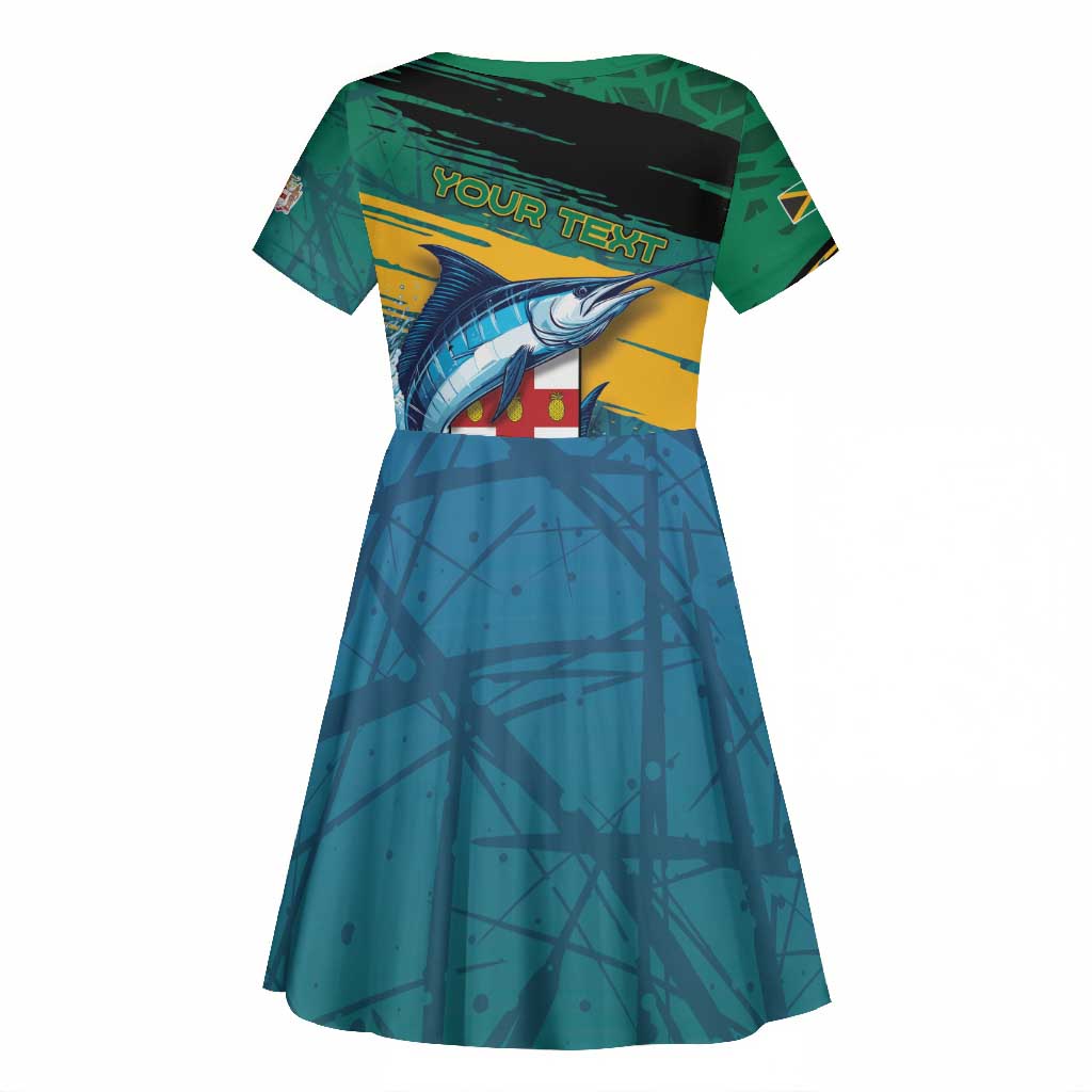 Personalized Afro-Jamaicans Fishing Kid Short Sleeve Dress Blue Marlin Fish
