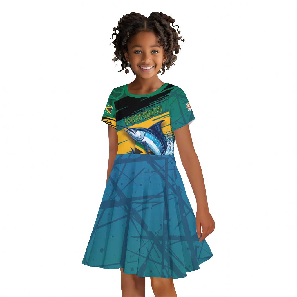 Personalized Afro-Jamaicans Fishing Kid Short Sleeve Dress Blue Marlin Fish