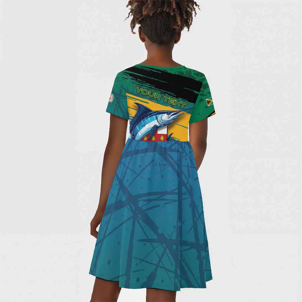 Personalized Afro-Jamaicans Fishing Kid Short Sleeve Dress Blue Marlin Fish
