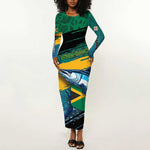 Personalized Afro-Jamaicans Fishing Long Sleeve Bodycon Dress Blue Marlin Fish