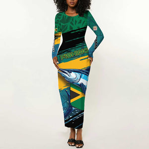 Personalized Afro-Jamaicans Fishing Long Sleeve Bodycon Dress Blue Marlin Fish