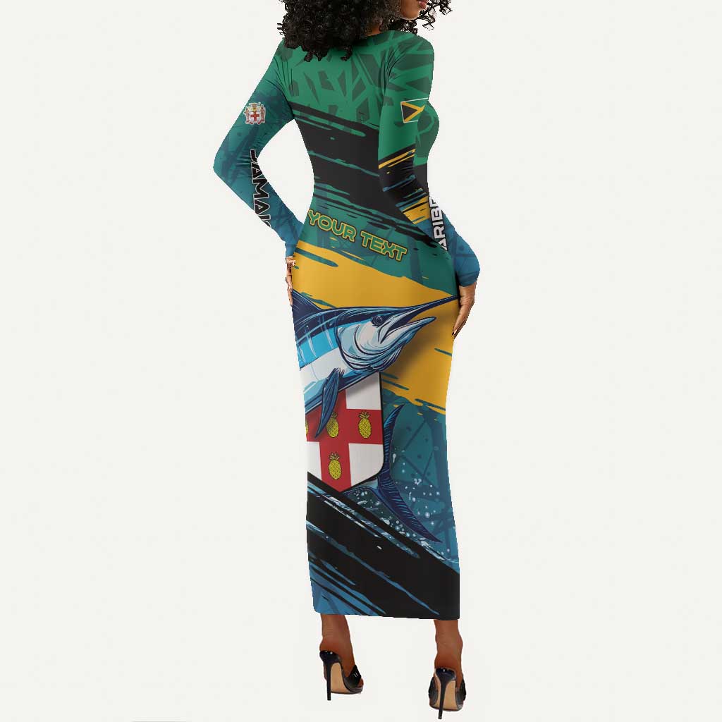 Personalized Afro-Jamaicans Fishing Long Sleeve Bodycon Dress Blue Marlin Fish
