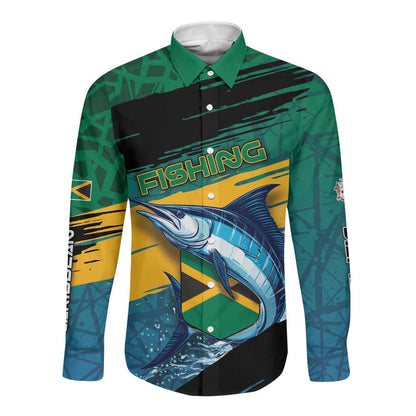 Personalized Afro-Jamaicans Fishing Long Sleeve Button Shirt Blue Marlin Fish