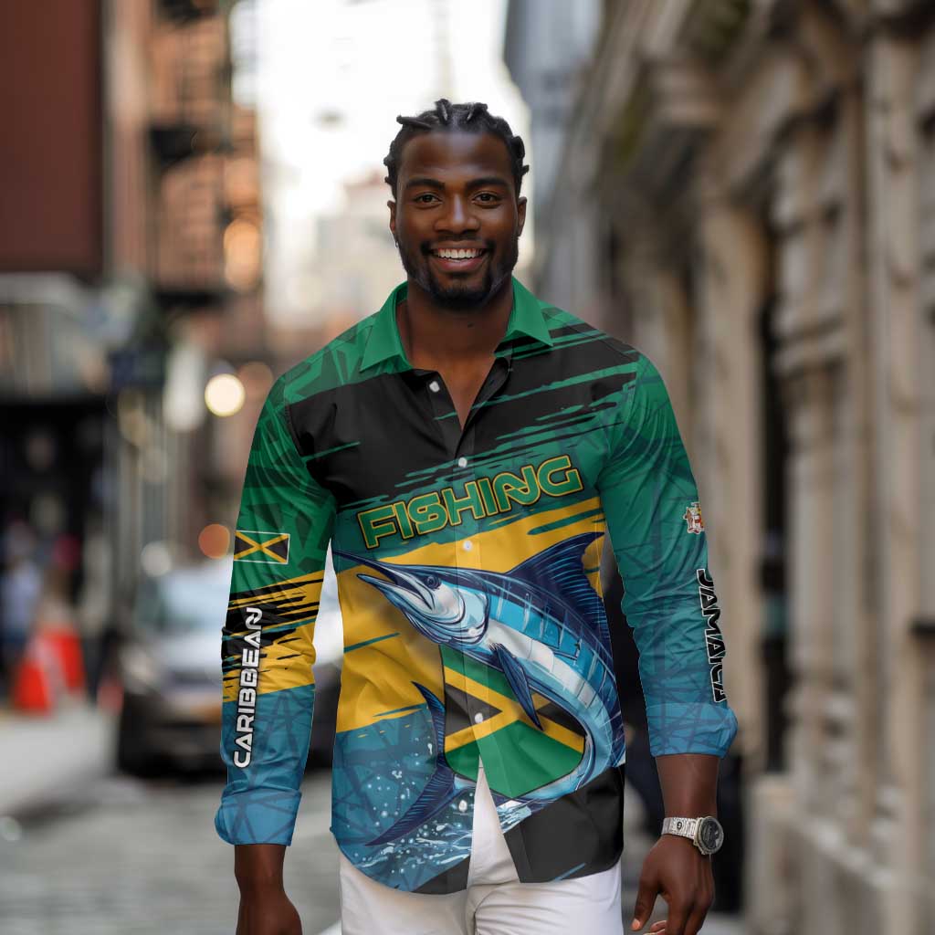 Personalized Afro-Jamaicans Fishing Long Sleeve Button Shirt Blue Marlin Fish