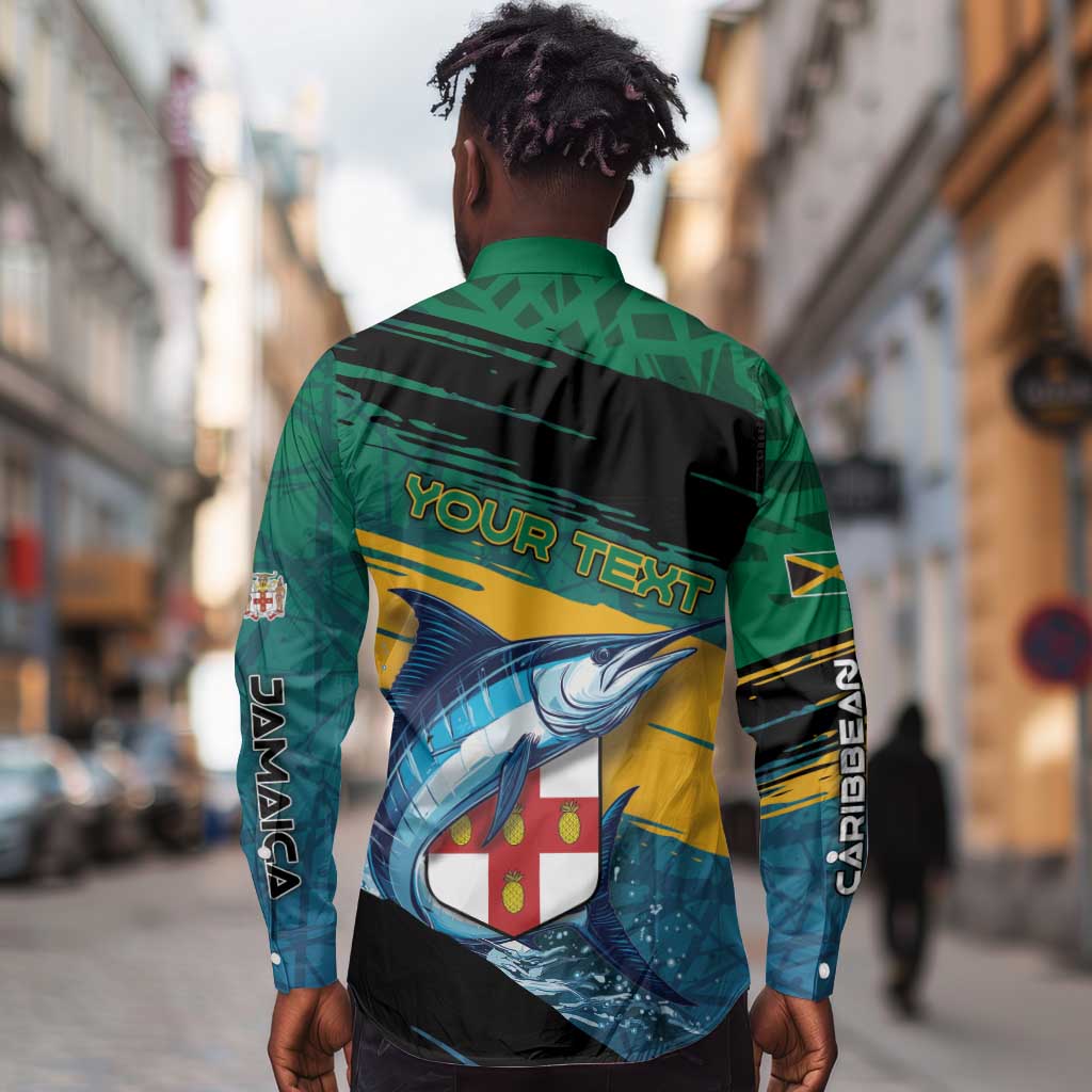 Personalized Afro-Jamaicans Fishing Long Sleeve Button Shirt Blue Marlin Fish