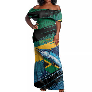 Personalized Afro-Jamaicans Fishing Off Shoulder Maxi Dress Blue Marlin Fish