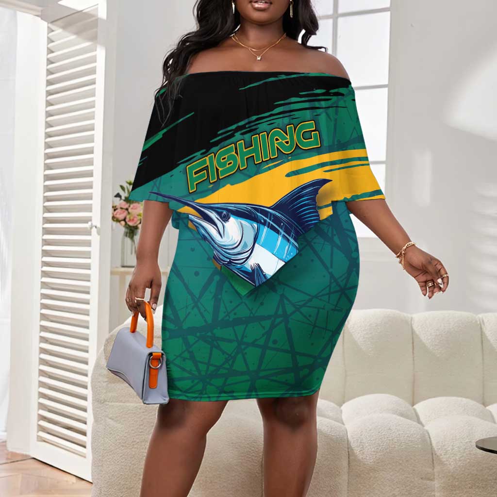 Personalized Afro-Jamaicans Fishing Off Shoulder Short Dress Blue Marlin Fish
