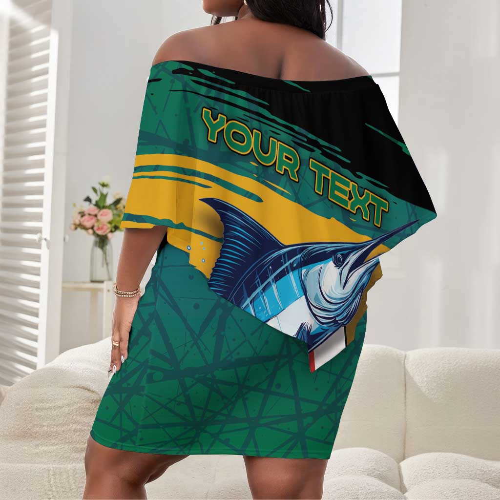 Personalized Afro-Jamaicans Fishing Off Shoulder Short Dress Blue Marlin Fish