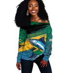 Personalized Afro-Jamaicans Fishing Off Shoulder Sweater Blue Marlin Fish
