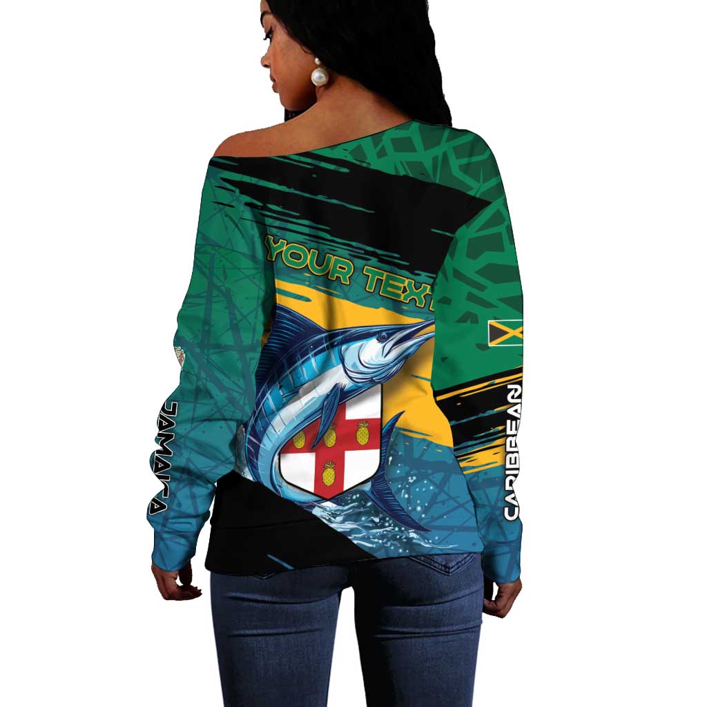Personalized Afro-Jamaicans Fishing Off Shoulder Sweater Blue Marlin Fish