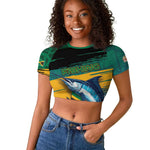 Personalized Afro-Jamaicans Fishing Raglan Cropped T shirt Blue Marlin Fish