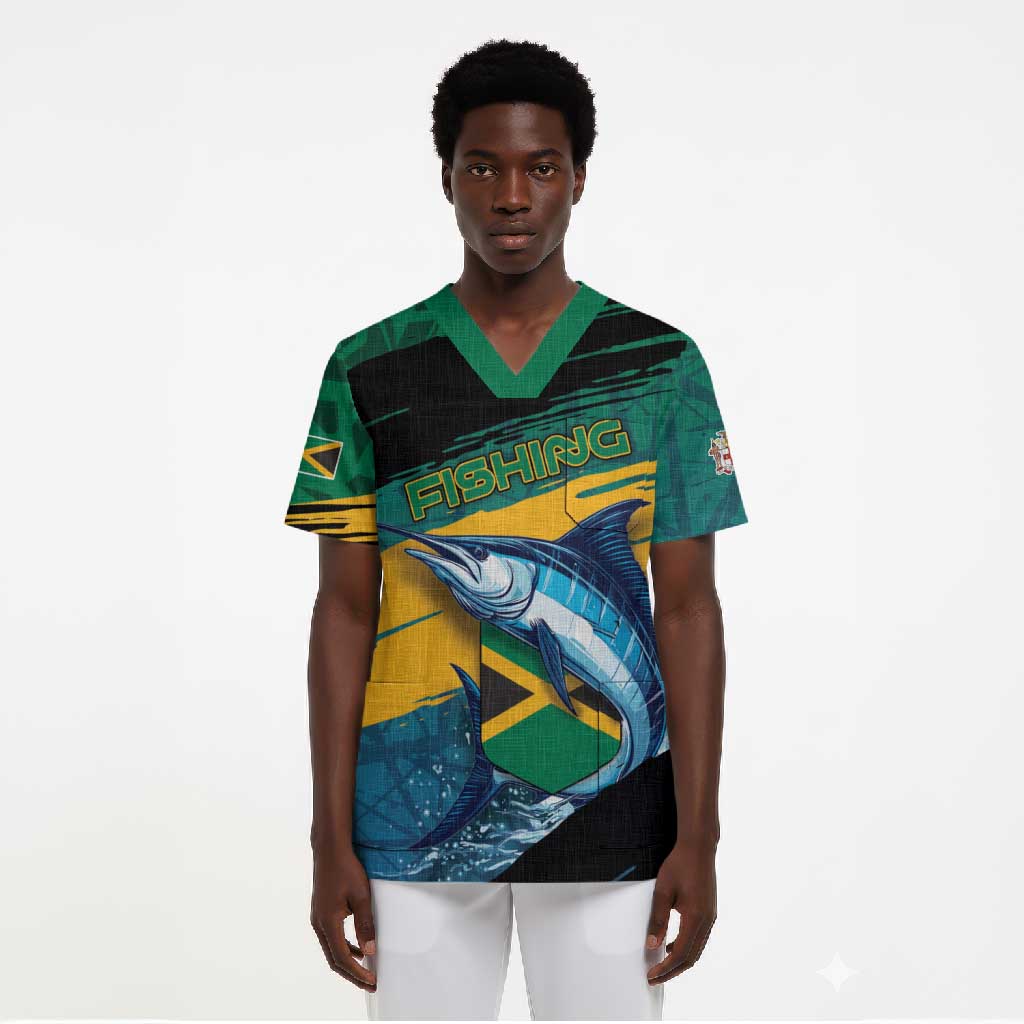 Personalized Afro-Jamaicans Fishing Scrub Top Blue Marlin Fish