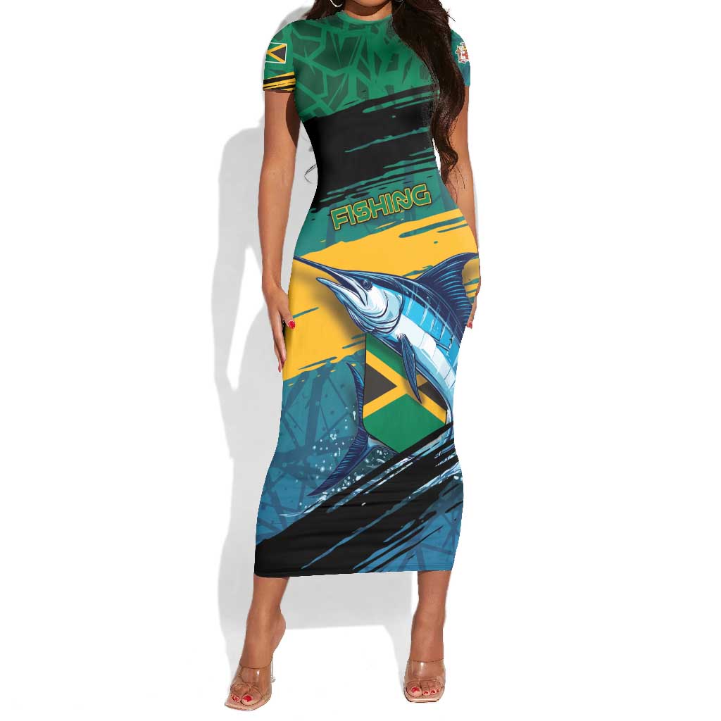 Personalized Afro-Jamaicans Fishing Short Sleeve Bodycon Dress Blue Marlin Fish