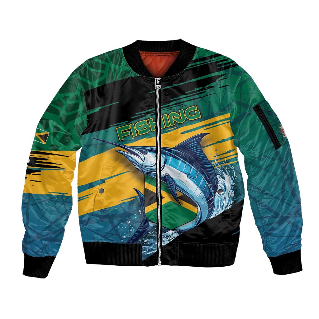 Personalized Afro-Jamaicans Fishing Sleeve Zip Bomber Jacket Blue Marlin Fish