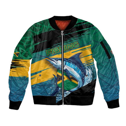 Personalized Afro-Jamaicans Fishing Sleeve Zip Bomber Jacket Blue Marlin Fish