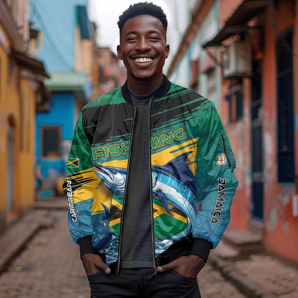 Personalized Afro-Jamaicans Fishing Sleeve Zip Bomber Jacket Blue Marlin Fish