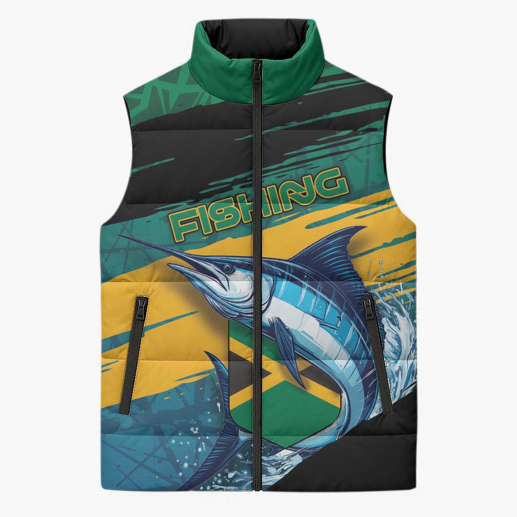 Personalized Afro-Jamaicans Fishing Sleeveless Puffer Jacket Blue Marlin Fish