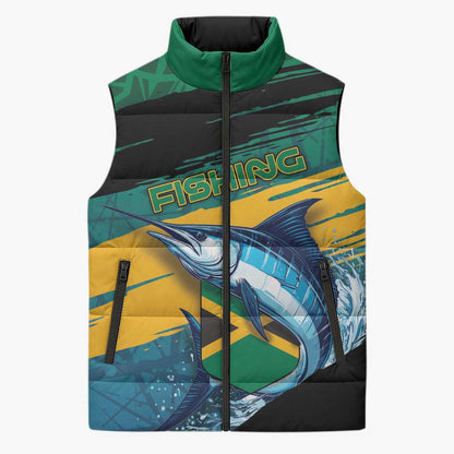 Personalized Afro-Jamaicans Fishing Sleeveless Puffer Jacket Blue Marlin Fish