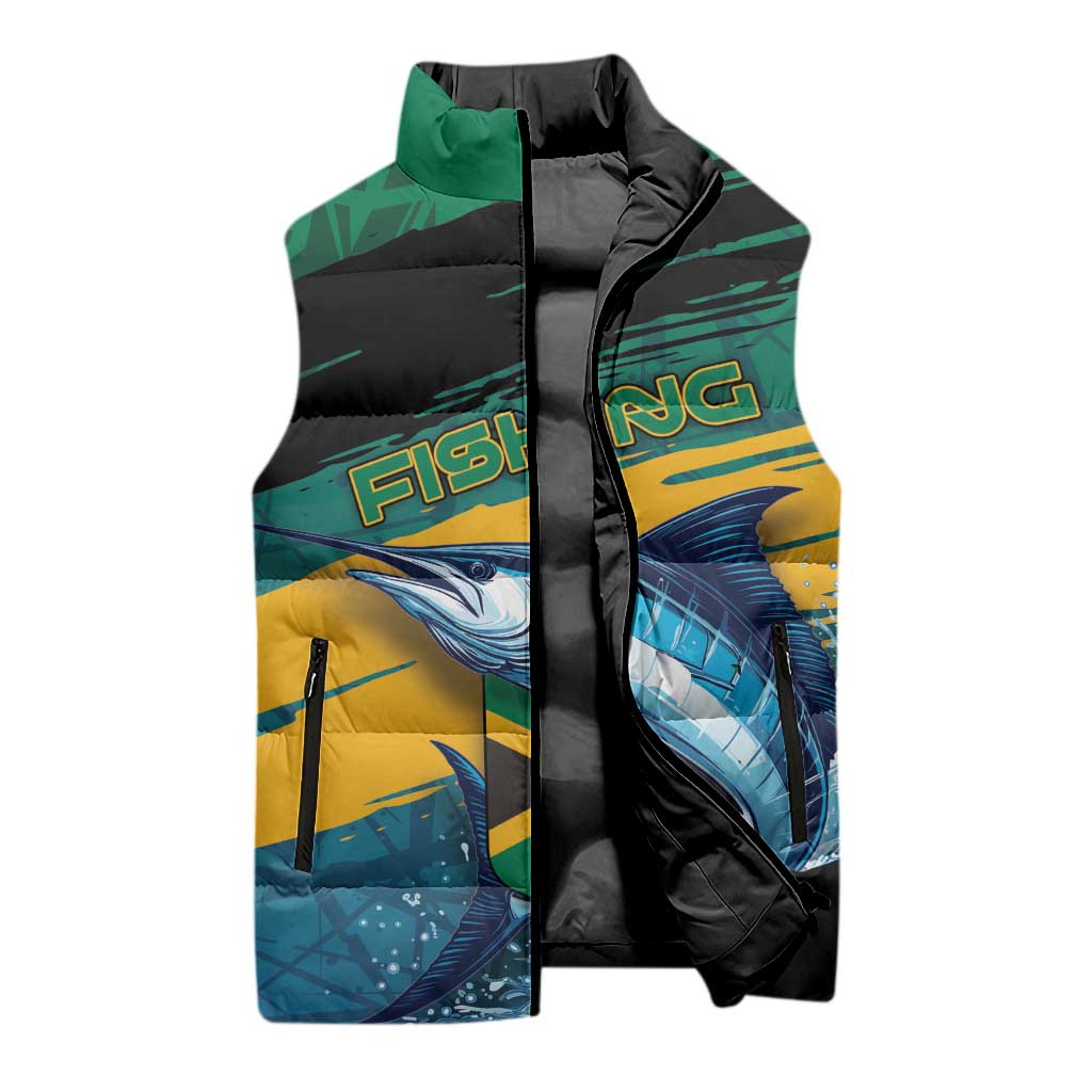 Personalized Afro-Jamaicans Fishing Sleeveless Puffer Jacket Blue Marlin Fish