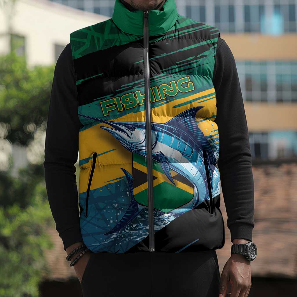 Personalized Afro-Jamaicans Fishing Sleeveless Puffer Jacket Blue Marlin Fish