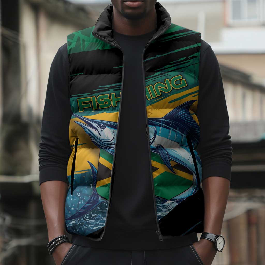 Personalized Afro-Jamaicans Fishing Sleeveless Puffer Jacket Blue Marlin Fish
